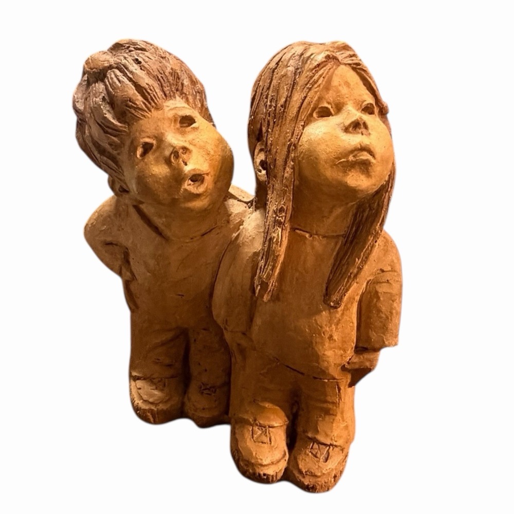 Vintage Lee Bortin Girl & Boy Figurine Clay Sculpture Signed 1970s